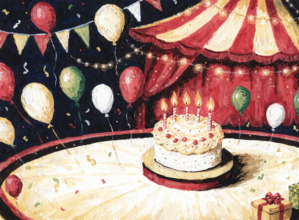 Illustration: Geburtstagstorte mit Kerzen in der Zirkusmanege, Luftballons und Geschenke